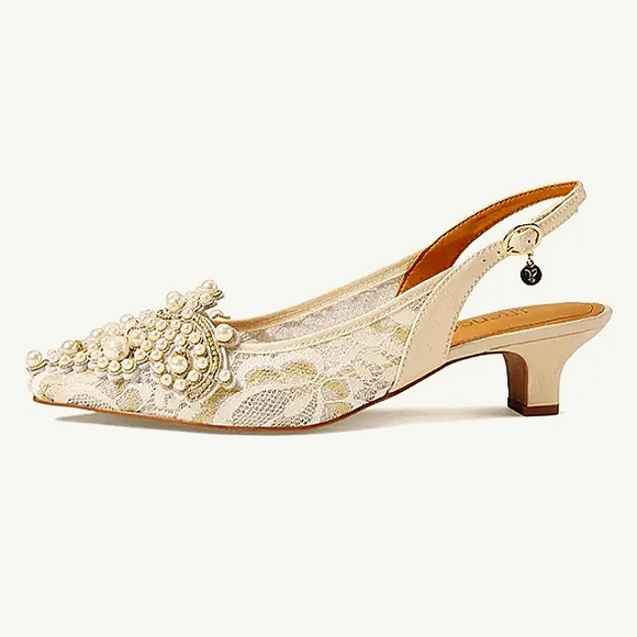 New w/Box J. Renee Strovanni Lace & Beaded Faux Pearl Kitten Heel Slingback Pump - Picture 4 of 7